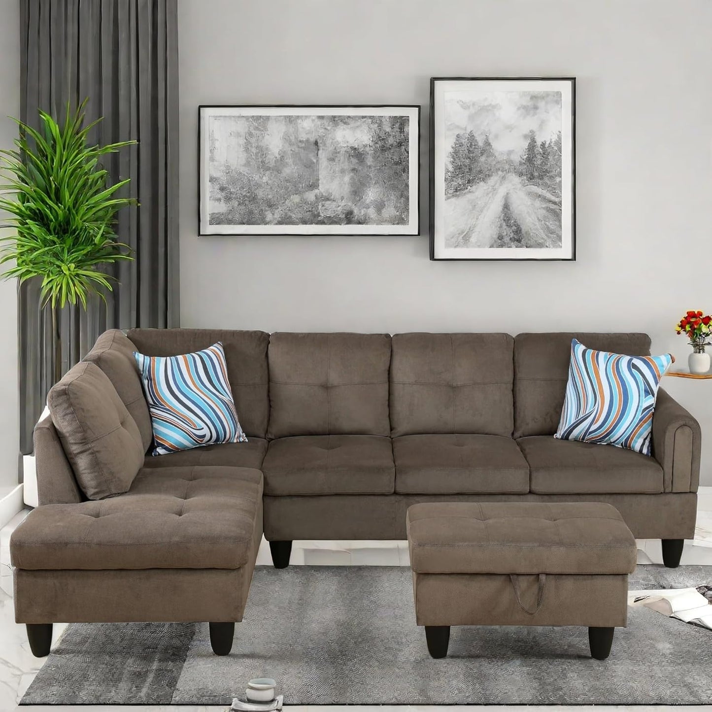 Convertible Sectional Couch, Large L Shaped Couch with Storage, Modern Modular 5-Seat Sectional Sofa with Ottomans for Living Room and Office, Brown