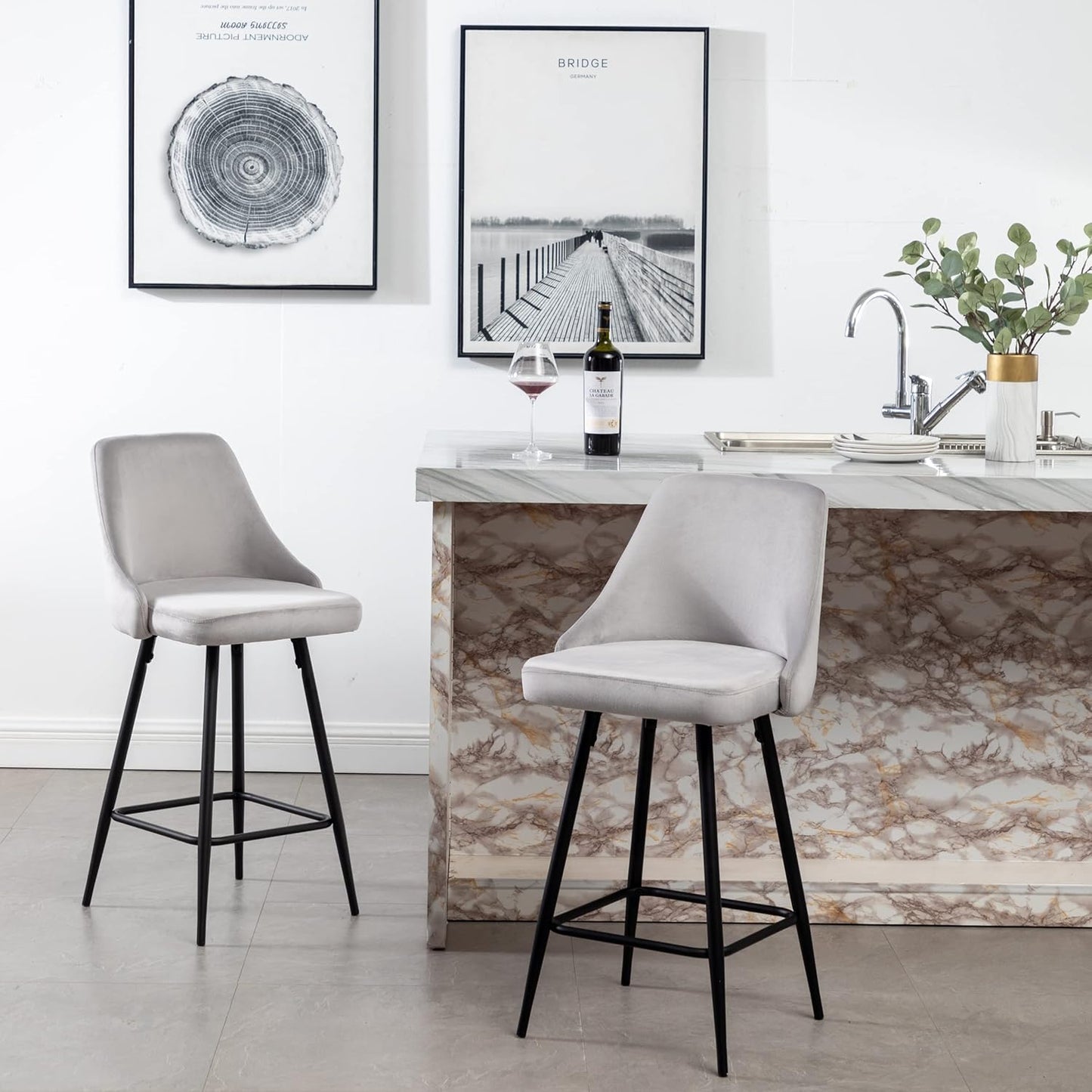 BTEXPERT® Set of 2, Premium upholstered Dining 25" High Counter Back Stool Bar Chairs, barstools Pack Gray Velvet