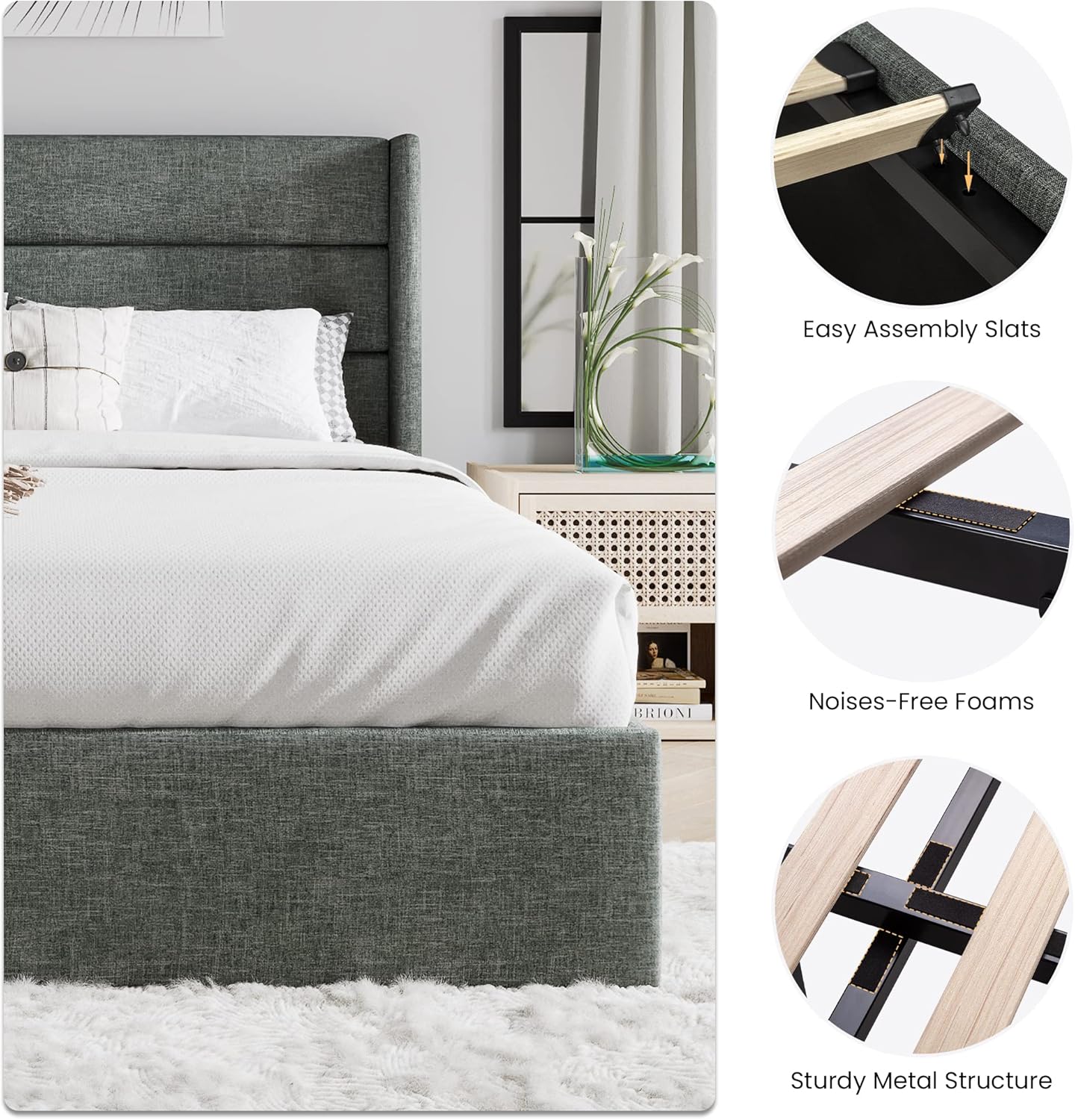 SHA CERLIN Queen Size Lift Up Storage Bed/Modern Wingback Headboard/Upholstered Platform Bed Frame/Hydraulic Storage/No Box Spring Needed/Wood Slats Support/Dark Grey