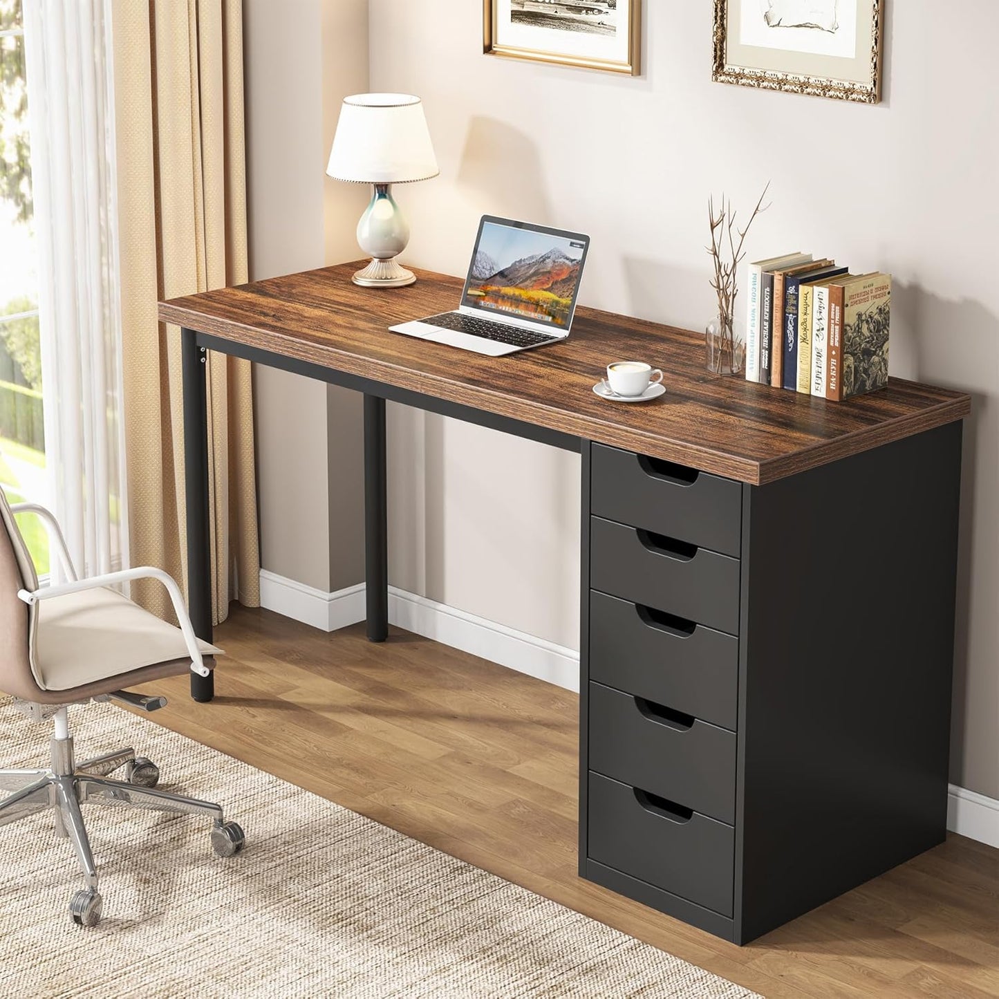 Tribesigns Computer Desk with 5 Drawers, 47 inches Rustic Brown Home Office Desk with Storage, Modern Simple Laptop Desk Study Writing Table for Small Spaces (1, Brown+Black)