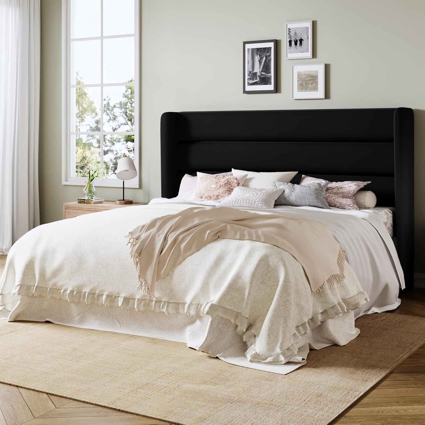 Allewie King Size Platform Bed Frame with Velvet Upholstered Wingback Headboard, No Box Spring Needed, Under Bed Storage Space, Strong Wooden Slats, Modern Mattress Foundation, Easy Assembly, Black