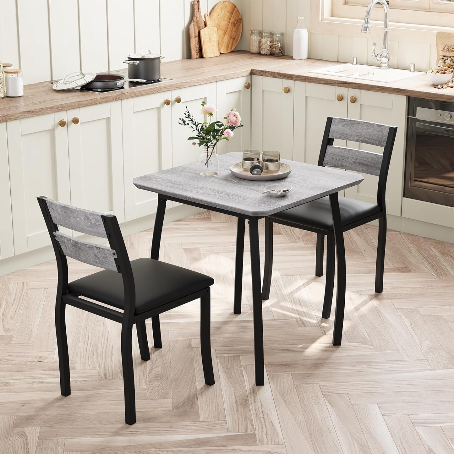GAOMON Dining Table Set for 2, 3 Piece Small Kitchen Table and 2 Upholstered Chairs with Metal Frame & Wood Grain Tabletop for Small Space, Apartment, Kitchen, Dining Room, Black/Grey