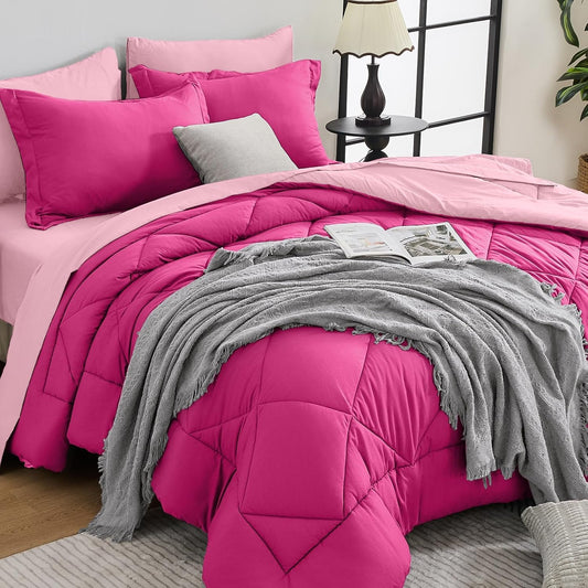HEVUMYI Hot Pink & Baby Pink Twin Comforter Set - 5-Piece All Season Bed in a Bag Twin, Ultra Soft Bedding Set with Comforter, Flat Sheet, Fitted Sheet, Pillowcases, Pillow Shams