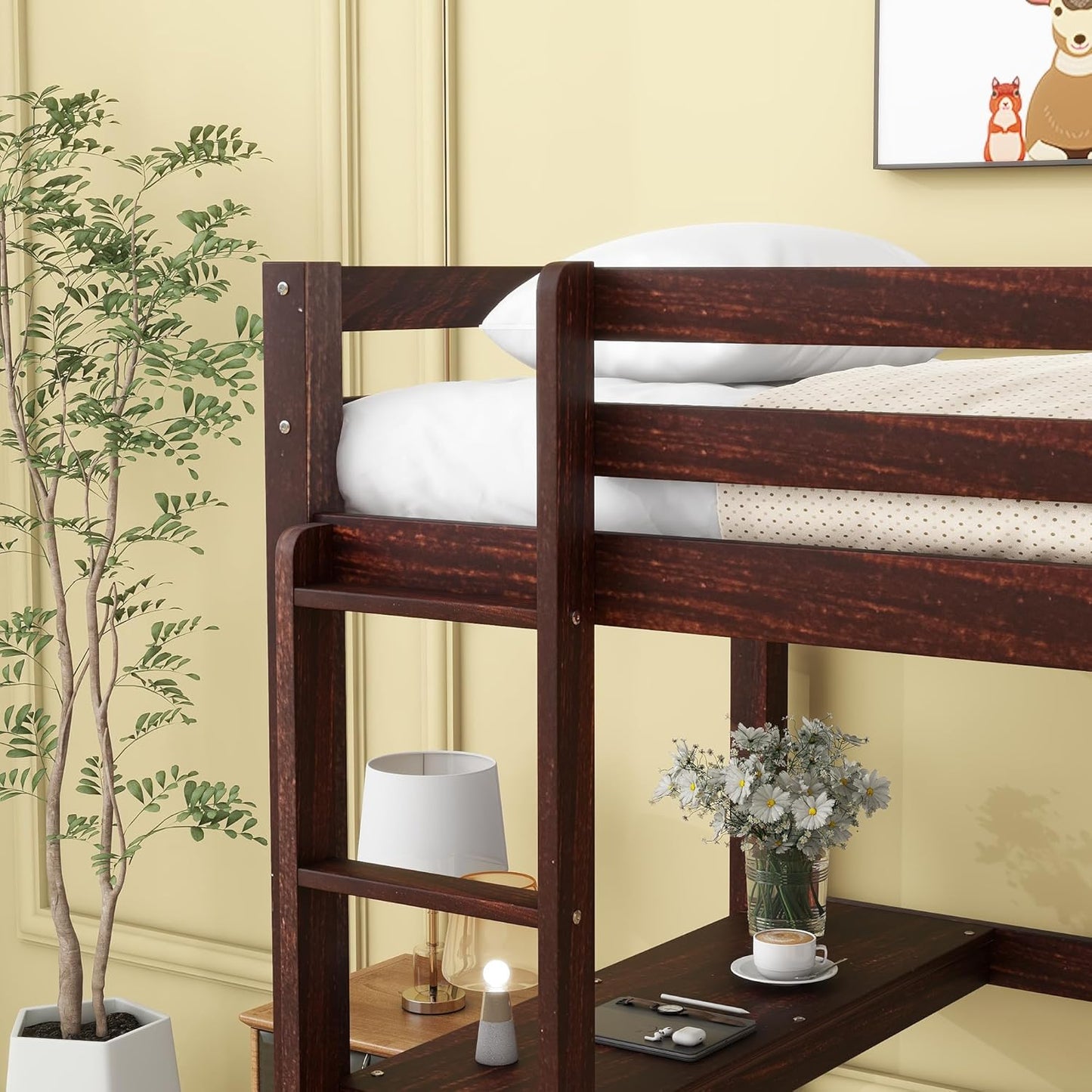 HomSof Modern Twin Loft Bed with Desk and Ladder,Ideal for Small Bedrooms,Espresso