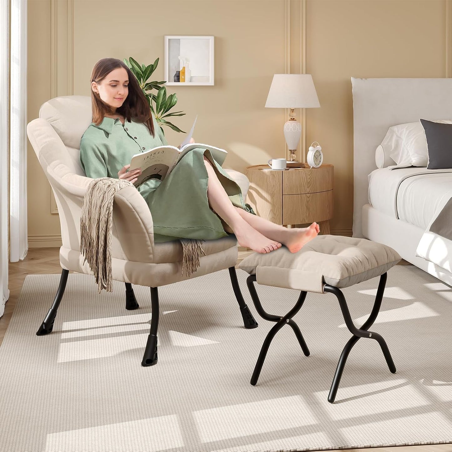 IDEALHOUSE Lazy Chair with Ottoman - Modern Living Room Chairs for Small Spaces, Ergonomic Reading Chair with Armrests, Comfy Chair with Ottoman for Bedroom & Living Room, Beige