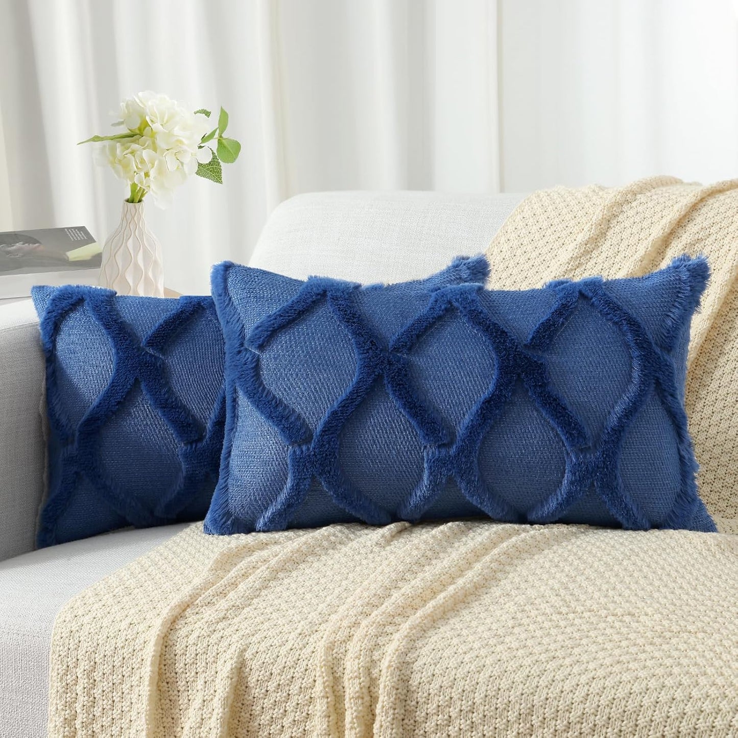 decorUhome Throw Pillow Covers 12x20 Inch Set of 2, Soft Plush Faux Fur Wool Lumbar Dark Blue Couch Pillow Covers, Decorative Neutral Pillow Cases for Bed Sofa Living Room Home Decor