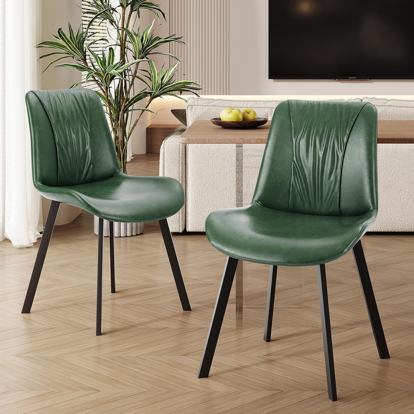 Upholstered Dining Chairs Set of 4, Modern Kitchen & Dining Room Chairs, Faux Leather, Sturdy Metal Legs, for Living Room, Cafe & Restaurant- Green