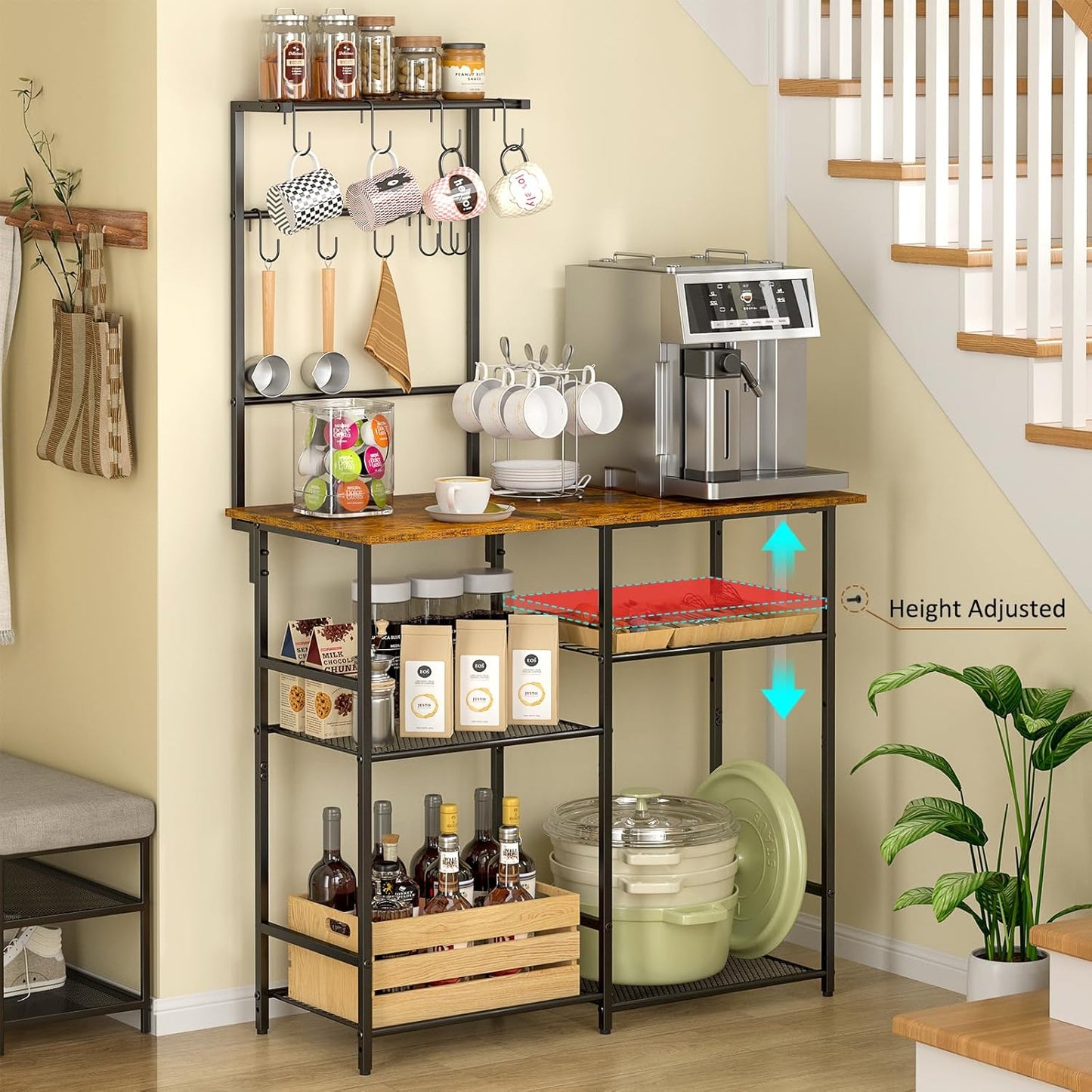 Baker's Rack for Kitchen with Storage, Microwave Stand with Adjustable Shelves and 10 S Hooks, 6-Tier Coffee Bar Station, Kitchen Shelves for Spices, Pots, Rustic Brown