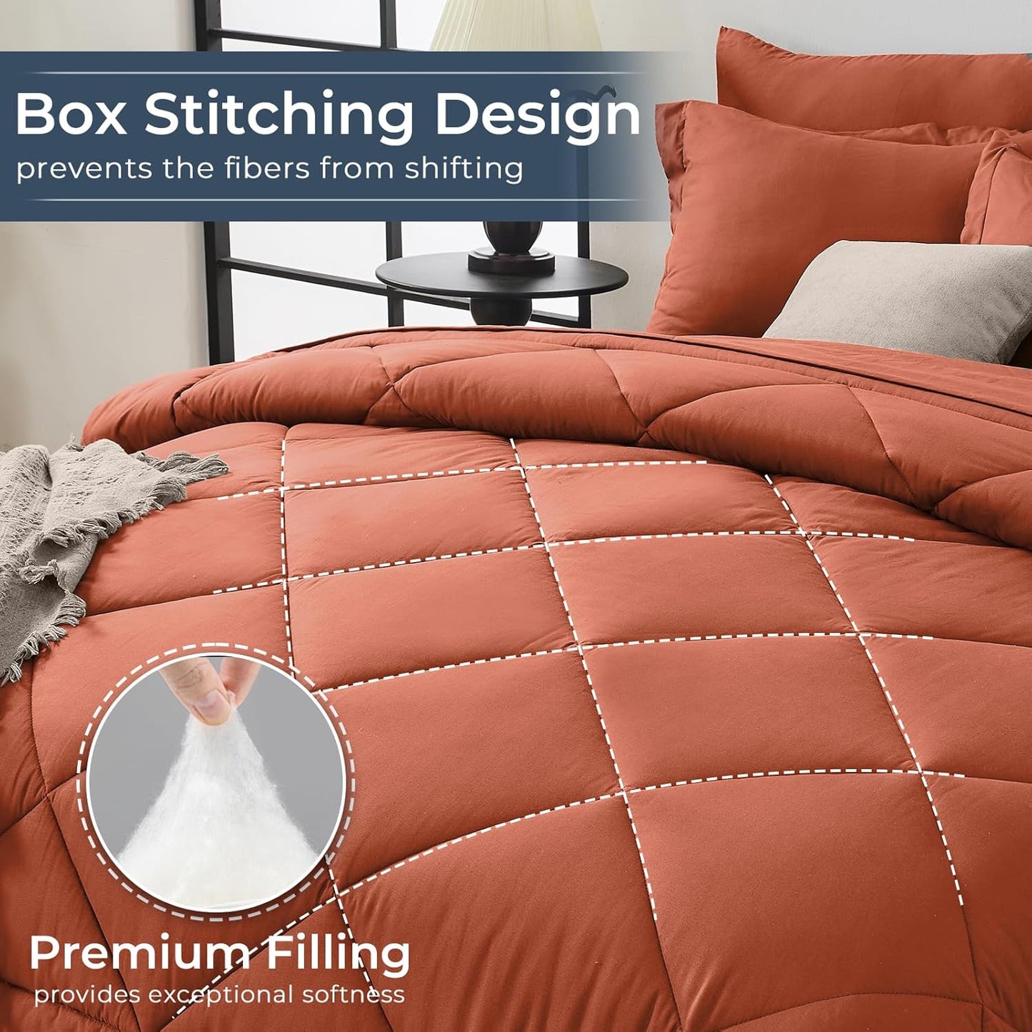 HEVUMYI Burnt Orange Full Comforter Set - 7-Piece All Season Bed in a Bag Full, Ultra Soft Bedding Set with Comforter, Flat Sheet, Fitted Sheet, Pillowcases, Pillow Shams