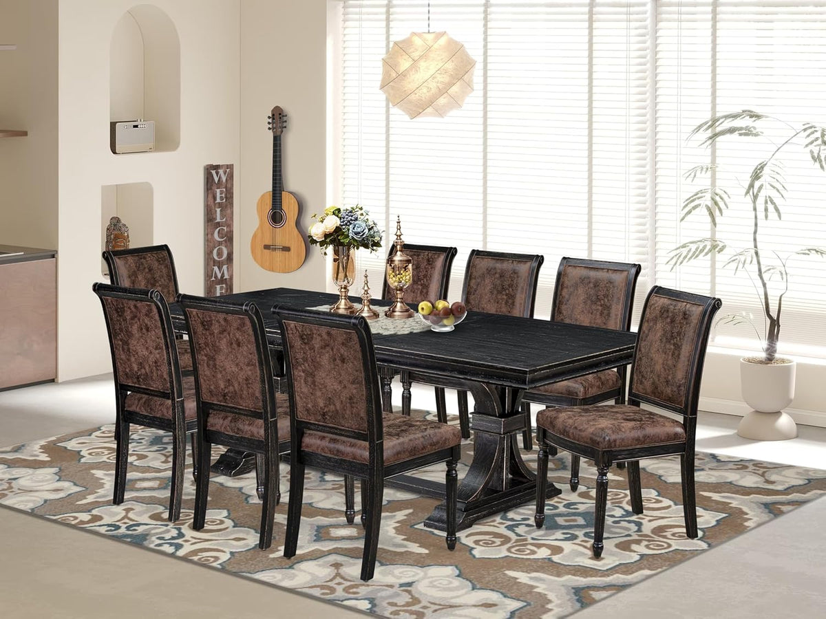 LECY9-SBB-33 9-Piece Modern Dining Table Set Consists of a Dining Table and 8 Brown Textured Polyester Fabric Dinner Chairs with High Back - Sand Blasting Black Finish