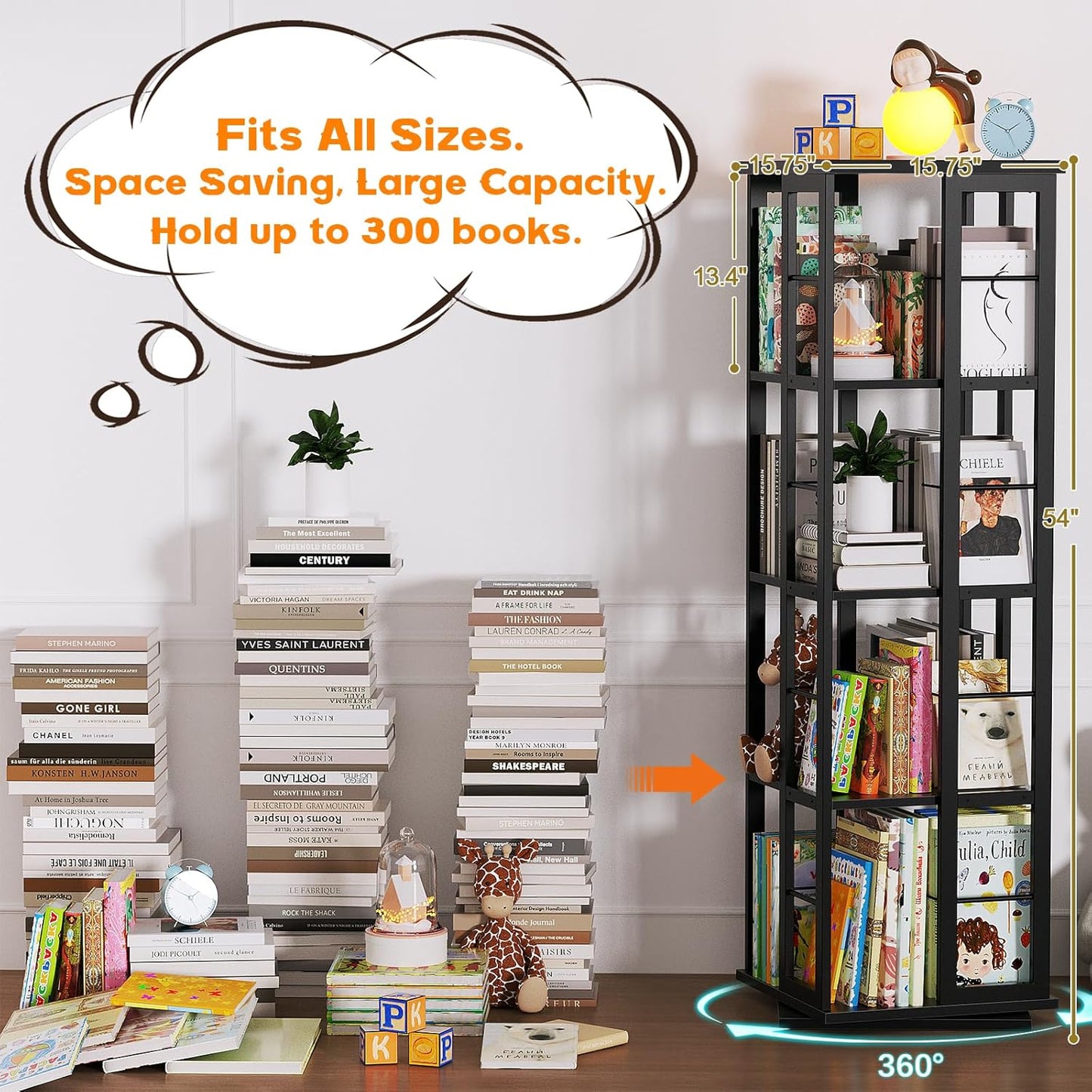 Aheaplus Rotating Bookshelf, 360 Display Wood Spinning Bookshelf, Floor Standing Bookcase Narrow Shelf Revolving Organizer Storage Rack for Small Space, Bedroom, Study Room, Black
