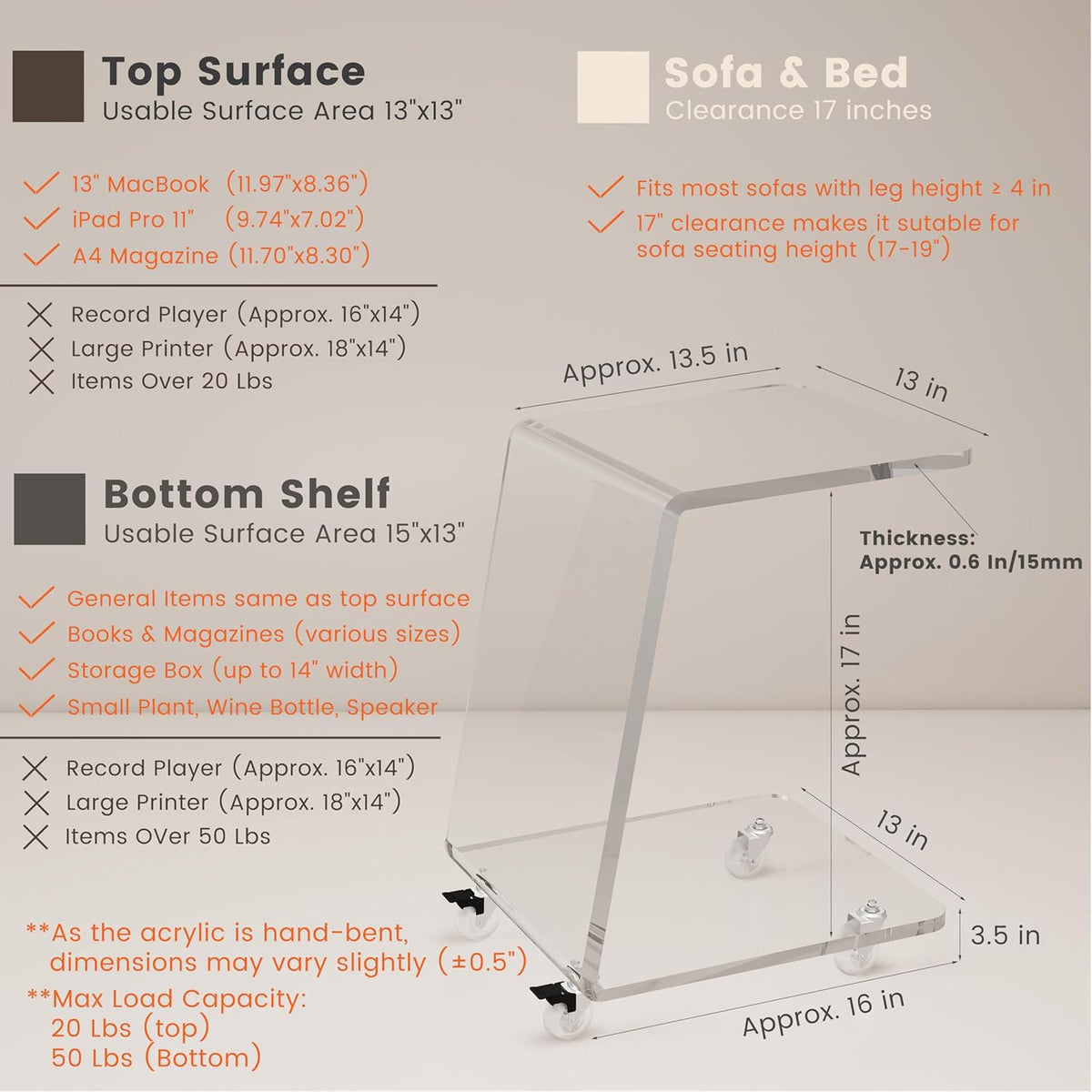 2-Pack Clear Acrylic C Shaped Side Table with Wheels, Modern End Tables for Sofa, Couch, and Bed – 15mm Thick Durable Acrylic Small Snack Laptop Tables for Living Room & Bedroom
