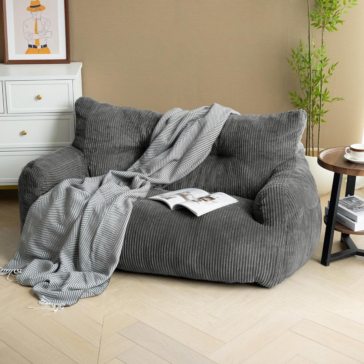 Pamapic Bean Bag Chair,2 Seat Loveseat Sofa,Ultra Soft Dutch Velvet,Fluffy Comfort Washable Cover,Corduroy Lazy Sofa Bed for Adults,Fit Living Room, Bedroom,Outdoor Spaces,Dark Grey