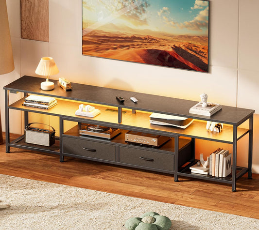 Huuger TV Stand for 75 80 Inch TV, Entertainment Center with Power Outlets and LED Lights, 70.9 Inch TV Console for Living Room, Media Console with Drawers and Shelves, Black