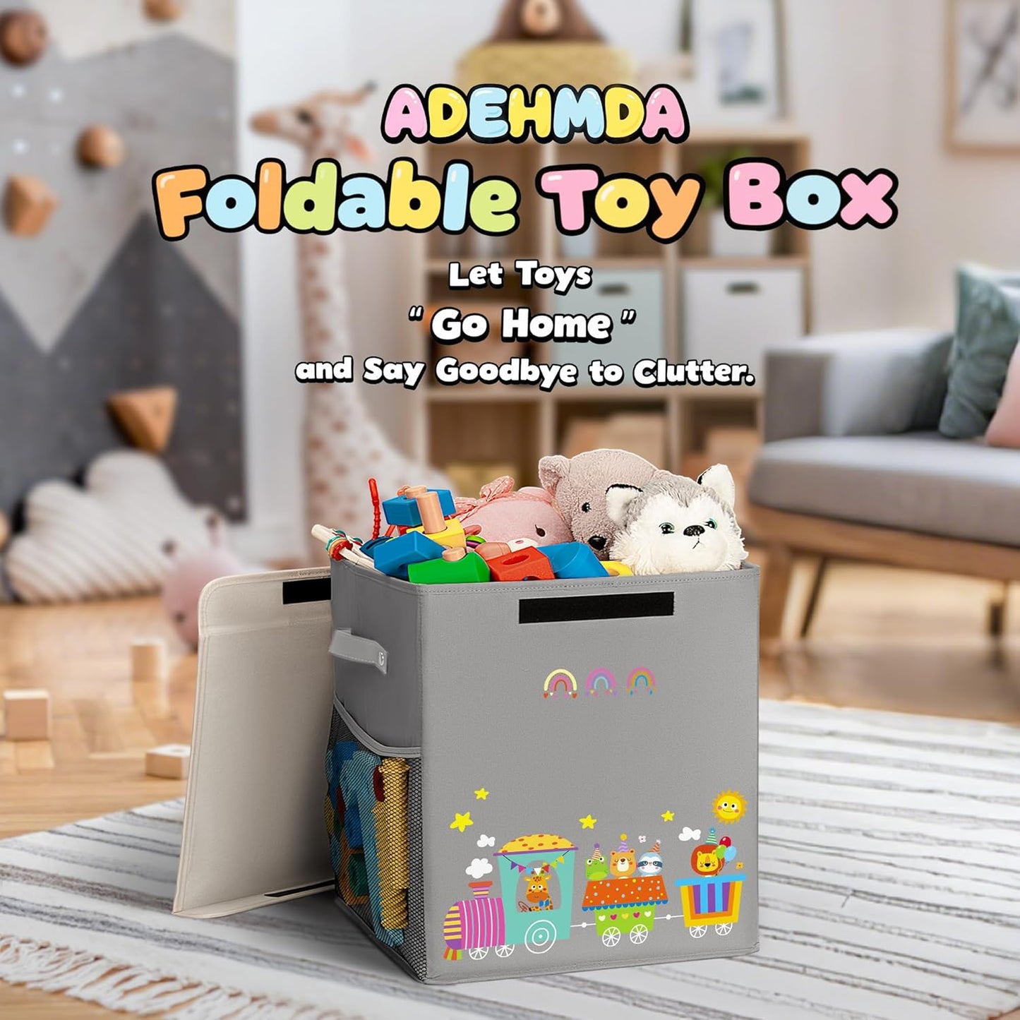 40L Large Toy Storage Box with Lid, Large Toy Box Chest for Kids, Girls and Boys, Nursery Room and Living Room, 13"x13" x16" (grey-train)