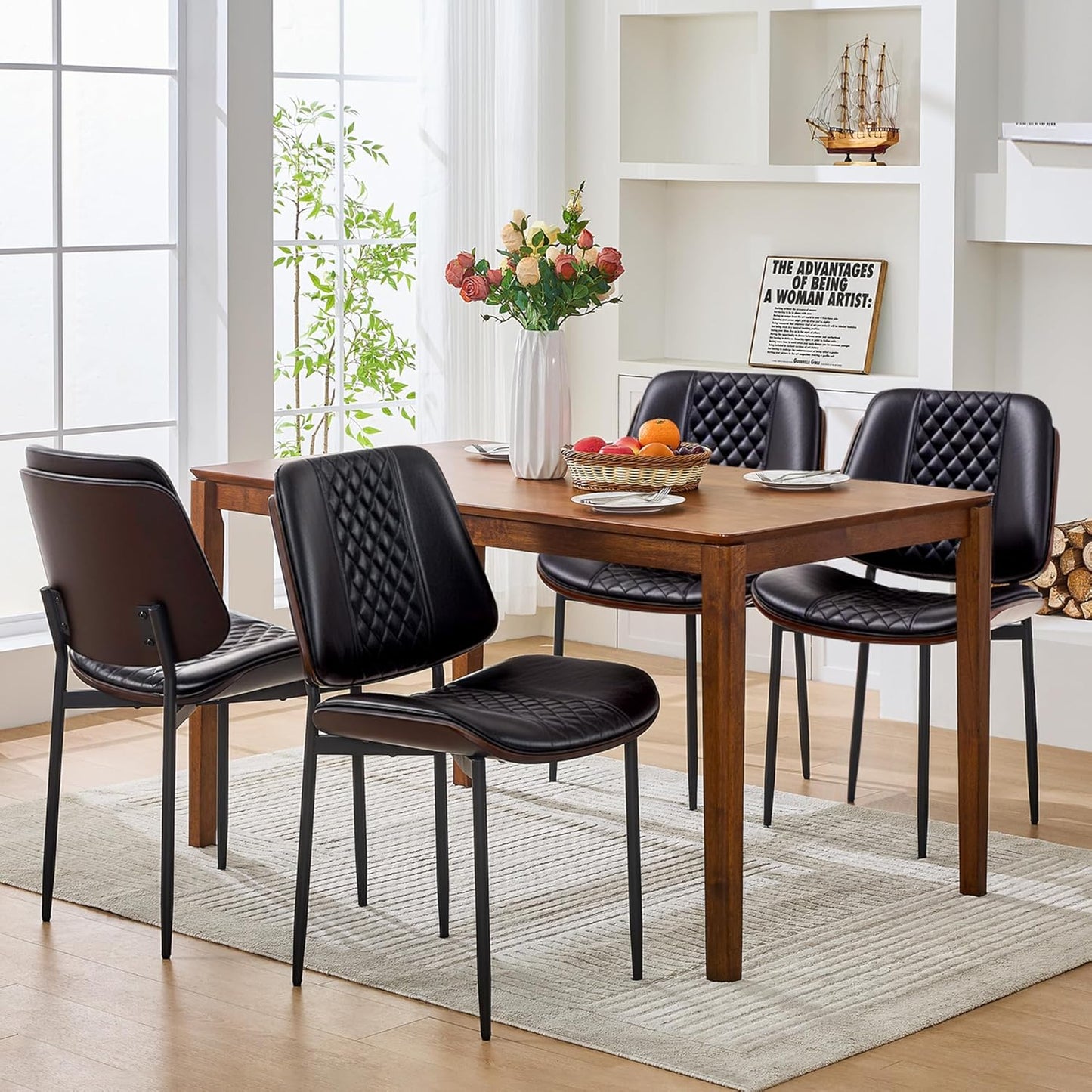 Dining Chairs Set of 4, Upholstered PU Leather Armless Chair, Mid Century Modern Dining Room Chairs, Retro Walnut Bentwood Kitchen Chair with Metal Legs and Adjustable Feet, Black