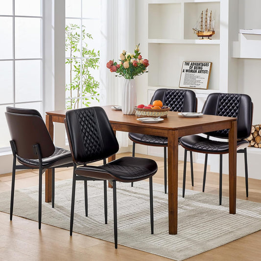 Dining Chairs Set of 4, Upholstered PU Leather Armless Chair, Mid Century Modern Dining Room Chairs, Retro Walnut Bentwood Kitchen Chair with Metal Legs and Adjustable Feet, Black
