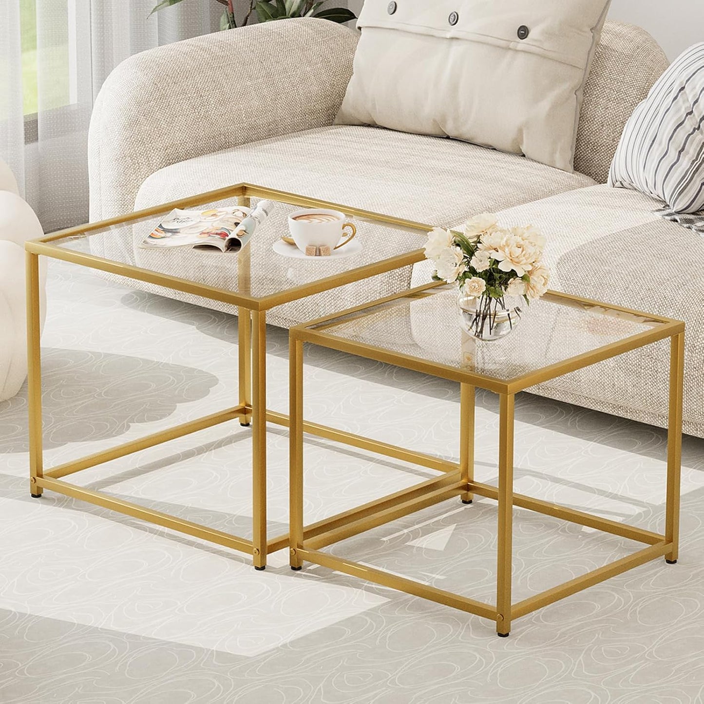 Garden 4 you Coffee Table Set of 2, Modern Glass Nesting Table, Metal Frame Square Center Table Set, Side Tables, Nesting Coffee Table for Living Room, Bedroom and Small Spaces, 23.6in Gold