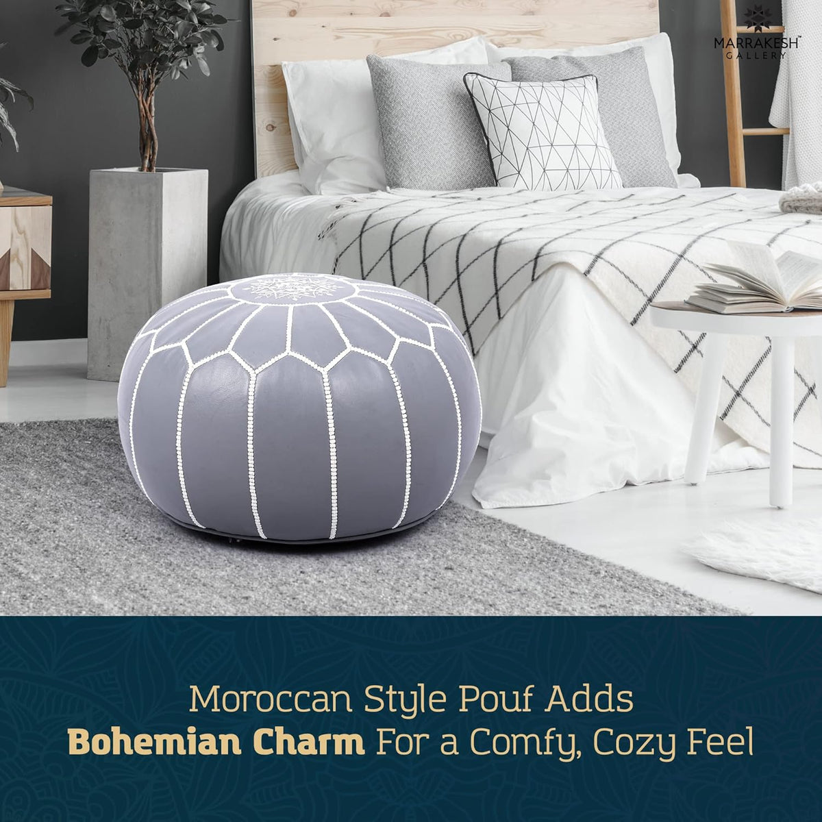 Marrakesh Gallery Genuine Leather Round Pouf Unstuffed - Moroccan Ottoman Footstool, Footrest Cover - Boho Decor - Bohemian Living Room, Bedroom, Kids Room, Gift & Wedding
