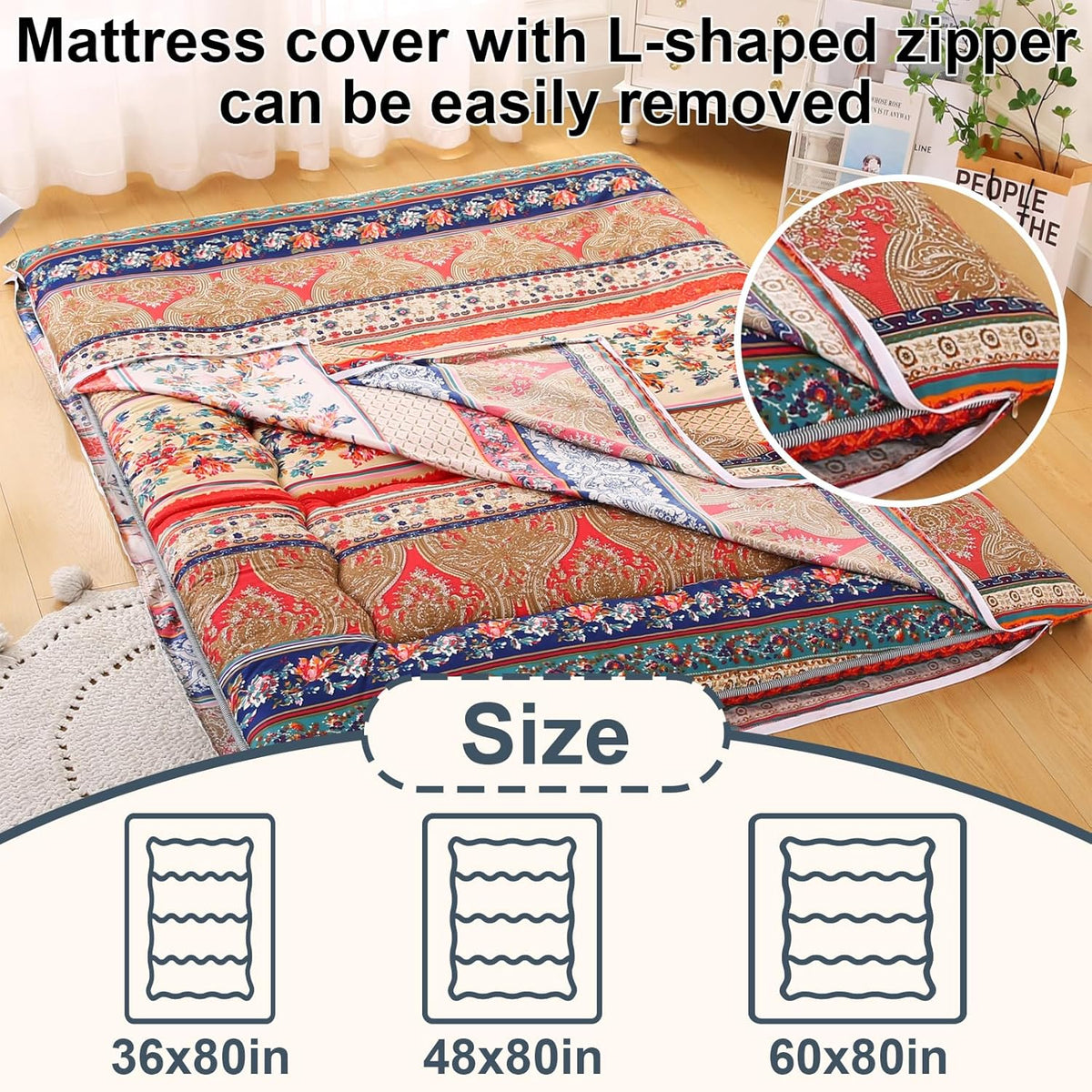 Bohemian Retro Japanese Floor Mattress, Vintage Floral Tatami Floor Mat, Portable Roll up Futon Mattress for Guest,Tavel (A,Full 80" X 47")