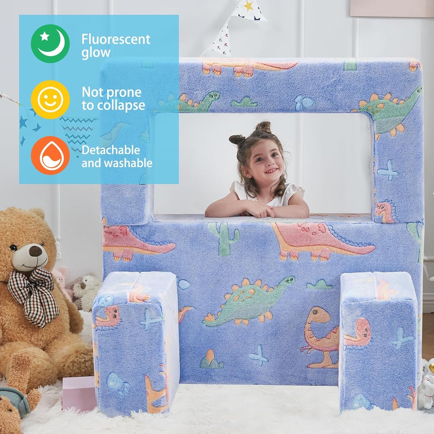 Kids Couch Sofa Modular Toddler Couch,Fold Out Kids Sofa, Blue Dinosaur