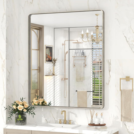 30x36 Inch Brushed Nickel Bathroom Mirror, Brushed Silver Metal Framed Wall Mirror, Rounded Corner Rectangle Modern Vanity Mirror, Tempered Glass, Anti-Rust, Shatterproof (Horizontal/Vertical)