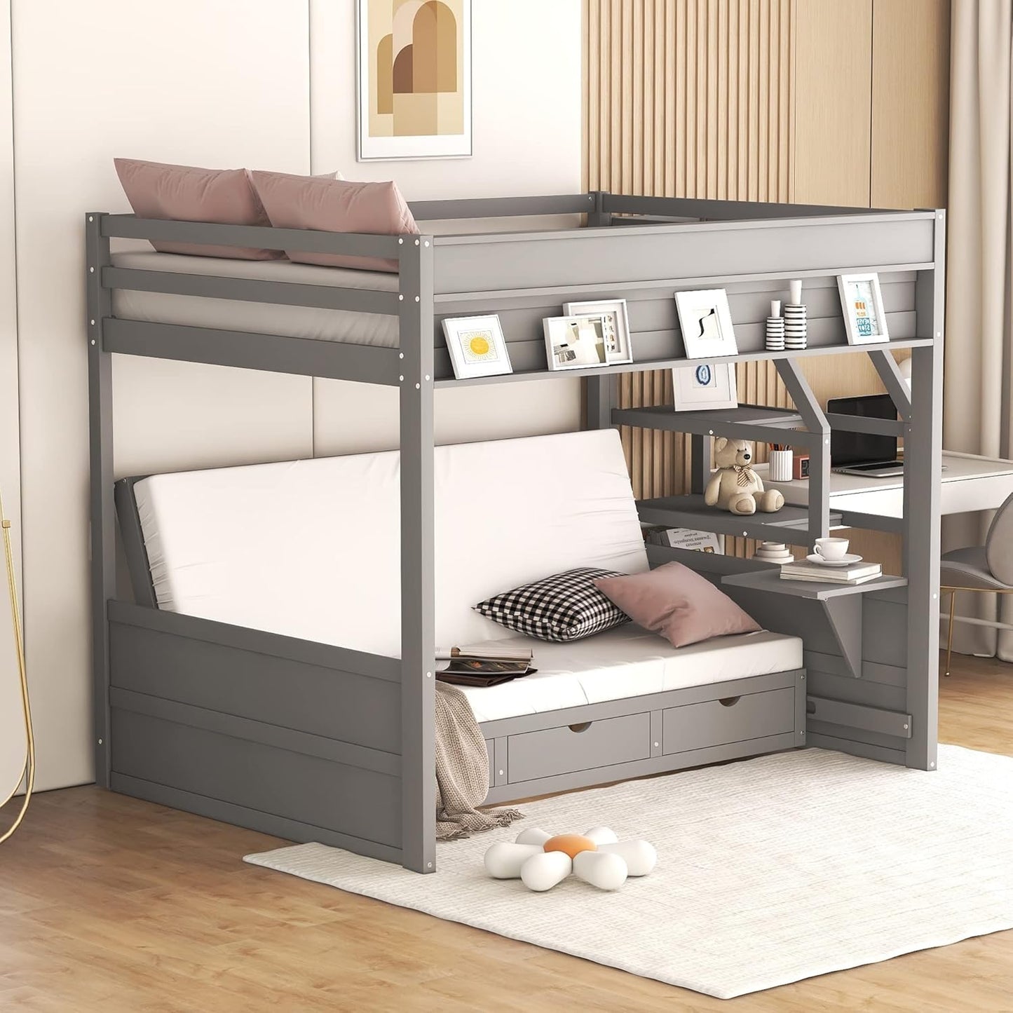 Full Size Wood Bunk Bed with Storage Staircase, Bedside Table, and 3 Drawers,Convertible Down BedFrame,No Box Spring Required,for Kids Boys Girls Teens, Gray