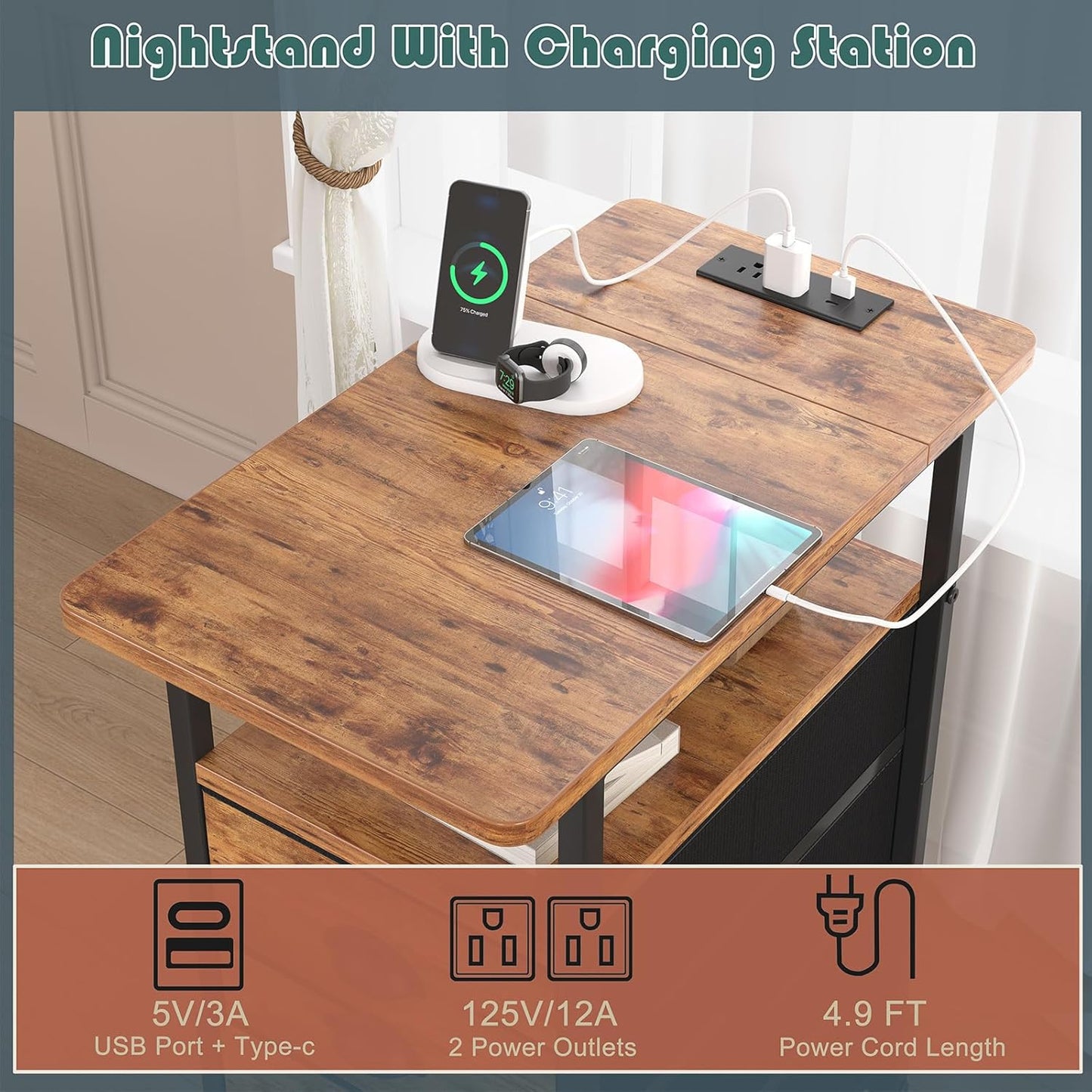 End Table with Charging Station,LED Side Tables with USB Ports and Outlets,Narrow Nightstands Bedside Tables with 3 Fabric Drawers for Small Space,Slim Sofa Table for Livingroom, Rustic Brown