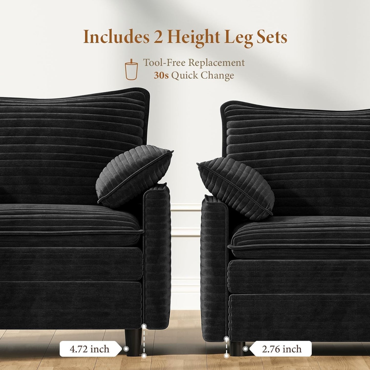 Vesgantti 74" Loveseat Sofa for Living Room, Comfy Cloud Couch Deep Seat Corduroy Modern 2 Seater Small Sofa with Armrest Pillow, Easy Assembly for Small Spaces, Black