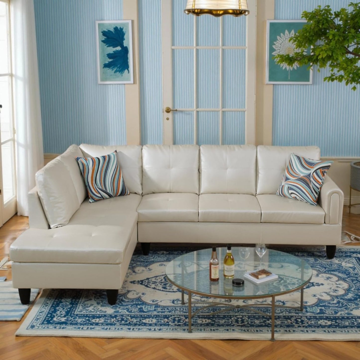 L Shaped Couch Sectional Couches with Chaise, 3 Pieces Modular Convertible Sofa for Living Room Furniture Sets and Small Apartment Faux Leather, Pearl White