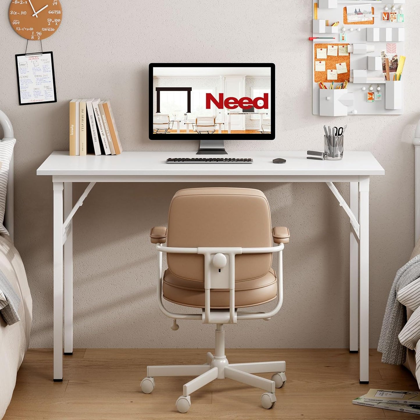 Need Folding Desk for Home Office 39-3/8" Length Modern Folding Table Computer Desk No Install Needed White Color Desktop White Frame AC5DW(100 * 60)