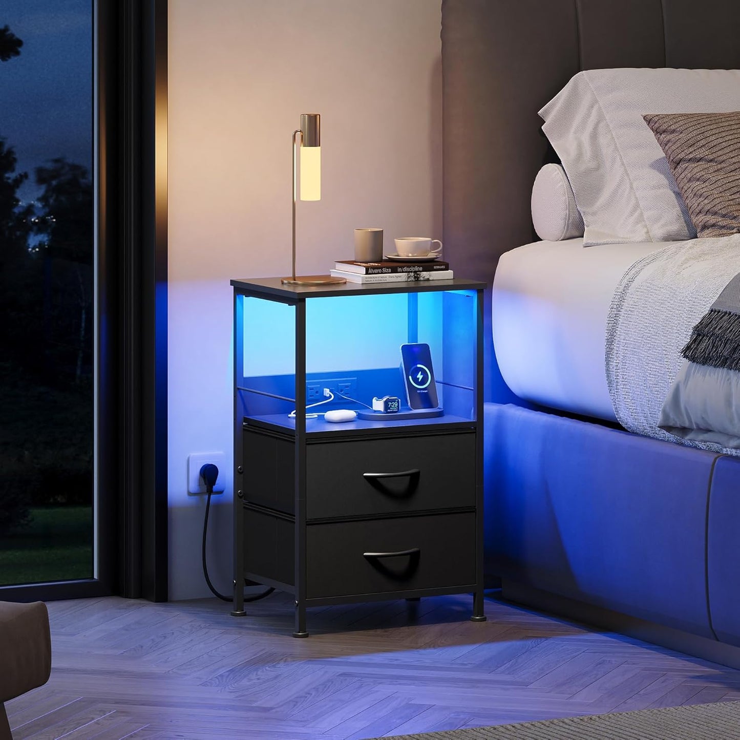 WLIVE Night Stand Set of 2 with Charger Station, Black Nightstand Sets with 2 Fabric Drawers and Storage Shelf, LED Bedside Table, Bedroom Small End Tables with 3 USB Ports and 2 AC Outlets