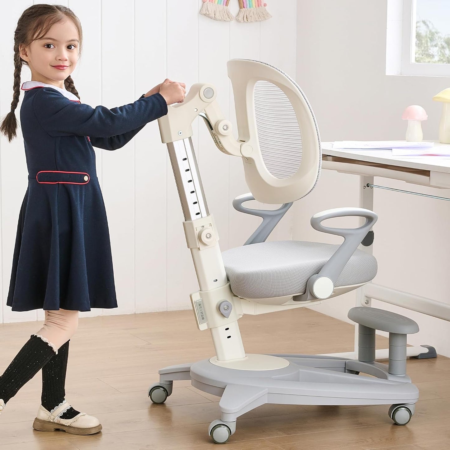Ergonomic Kids Desk Chair with Footrest & Height-Adjustable Seat, Multifunctional for Study, Work & Dining – Comfy Cushion & Smooth Wheels for Boys & Girls (Grey)