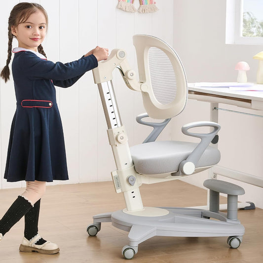 Ergonomic Kids Desk Chair with Footrest & Height-Adjustable Seat, Multifunctional for Study, Work & Dining – Comfy Cushion & Smooth Wheels for Boys & Girls (Grey)