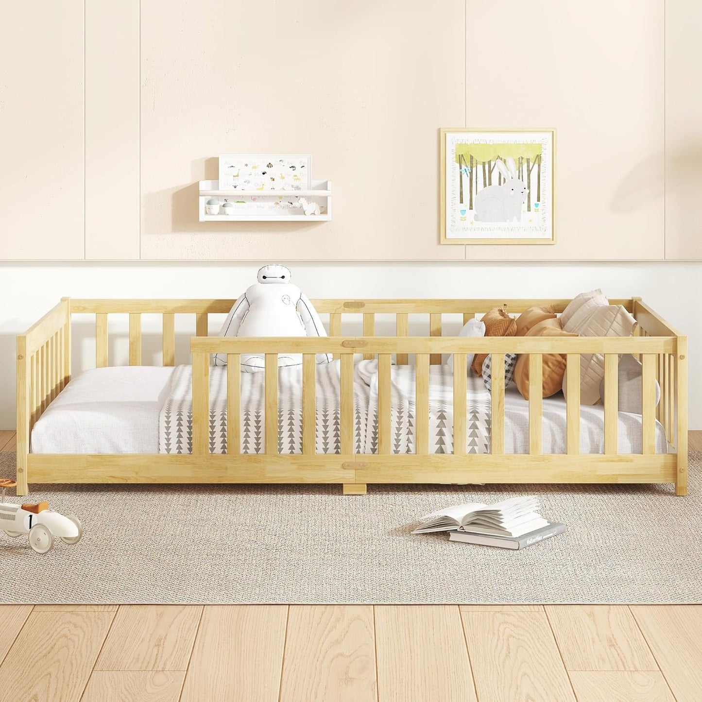 Bellemave Twin Floor Bed with Slats and Safety Guardrails, Kids Montessori Floor Beds with Fence and Without Door, Easy Assemble Floor Bed for Kids, Girls, Boys, Natural