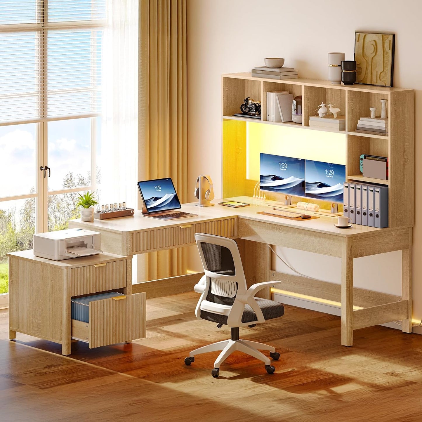 YITAHOME L Shaped Desk with Hutch and Drawers, 67" Computer Desk Gaming Desk with Power Outlets & LED Lights, Wood Home Office Desk with Printer Stand, Fluted Sturdy Writing Workstation, Natural Oak