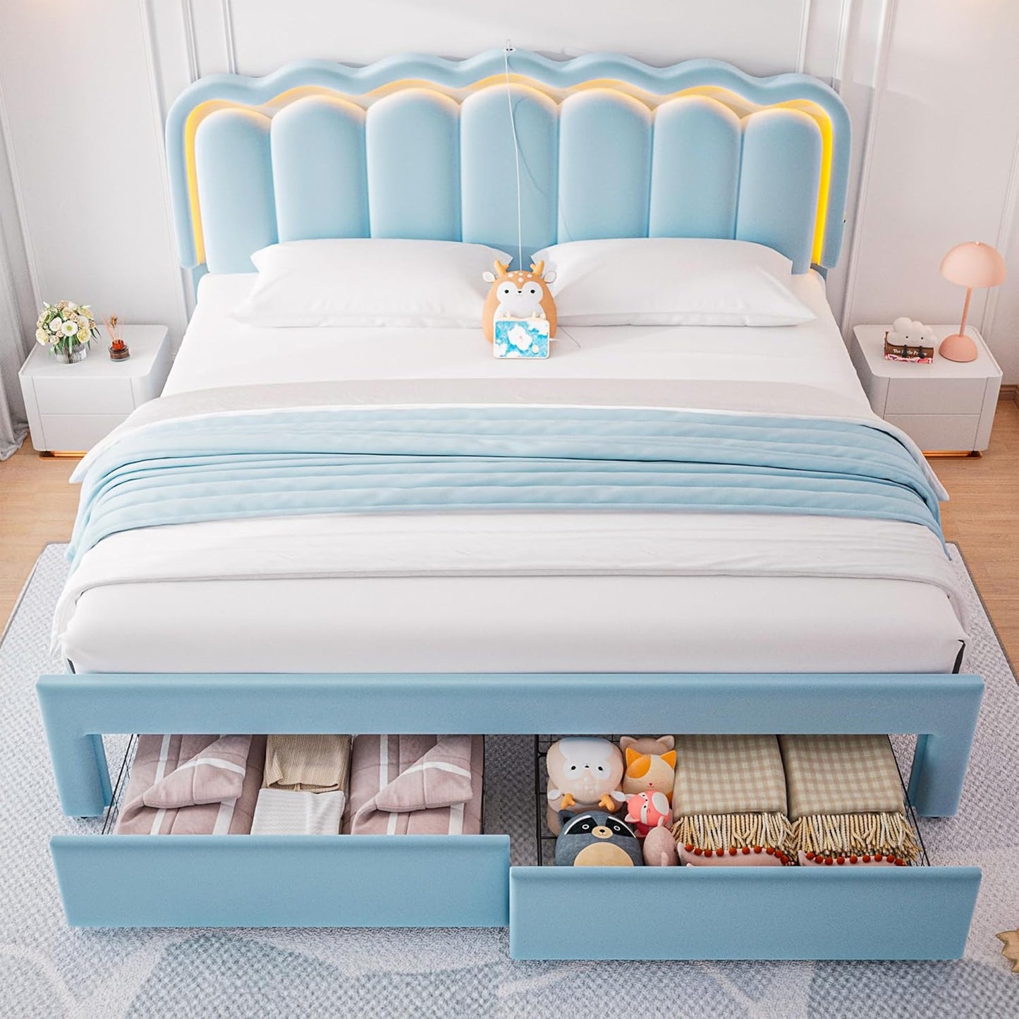 King Upholstered LED Bed Frame with 2 Storage Drawers and Adjustable Chic Double Wavy Headboard, Velvet Princess Platform Bed with Charing Station, Solid Wood Slats Support, No Box Spring Needed,Blue
