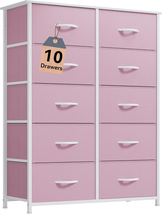 DWVO 10 Drawer Dresser - Fabric Storage Tower, Tall Chest Organizer Unit, Living Room, Hallway, Closets - Sturdy Steel Frame, Wooden Top & Easy Pull Fabric Bins, Pink