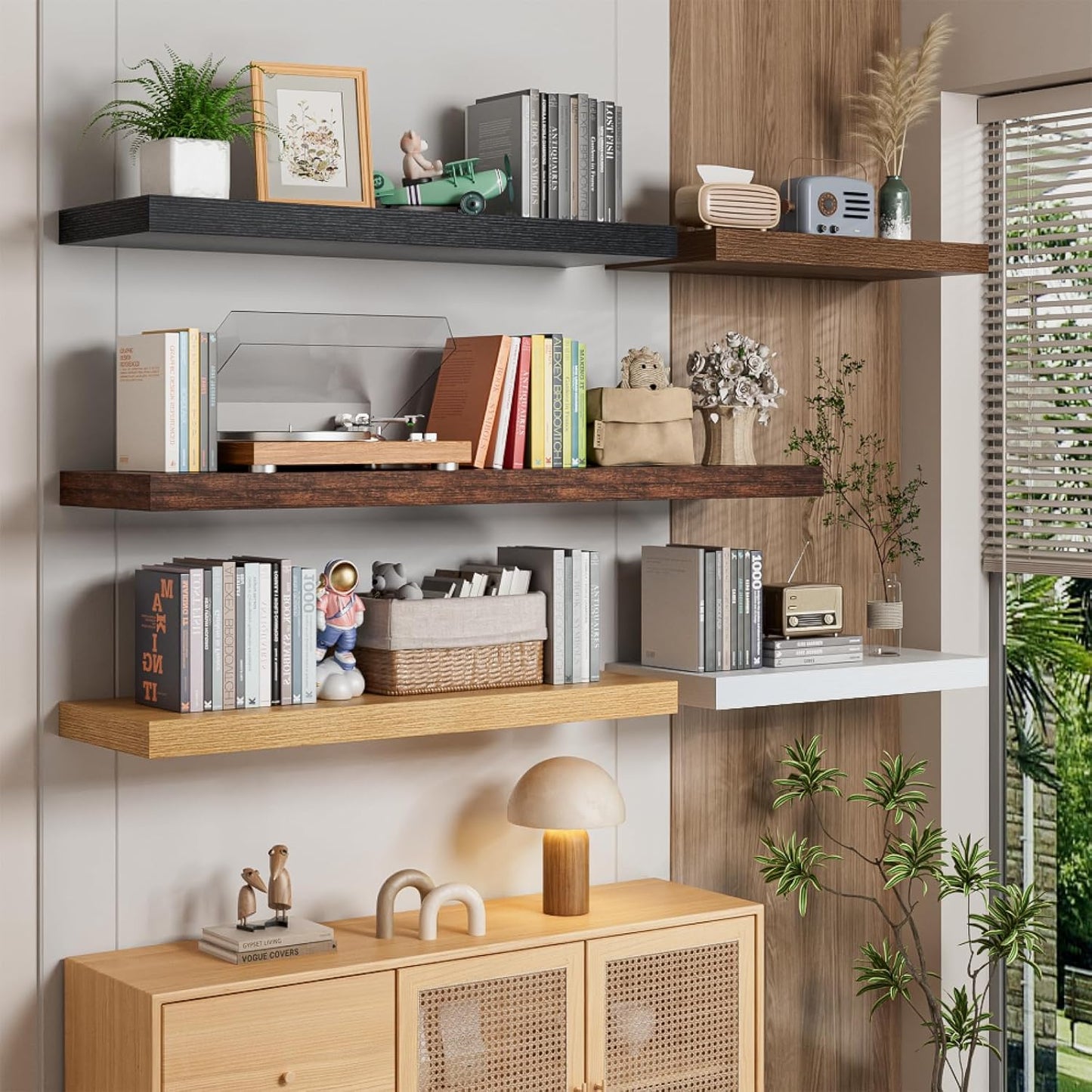 Heimlove 12" Deep Walnut Floating Shelves for Wall, 24 Inch Wall Shelf Bathroom Shelves Set of 2, Wall Mounted Shelves for Books Living Room Laundry Room Bedroom Kitchen Home Office