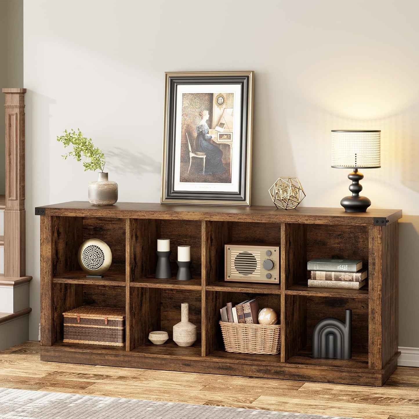 GarveeHome 8 Cube Storage Organizer Bookshelf, 3 Tier Farmhouse Horizontal Bookcase, 62 Inch Wood Storage Bookcase for Entryway, Long Low Bookshelves for Living Room-Retro Brown