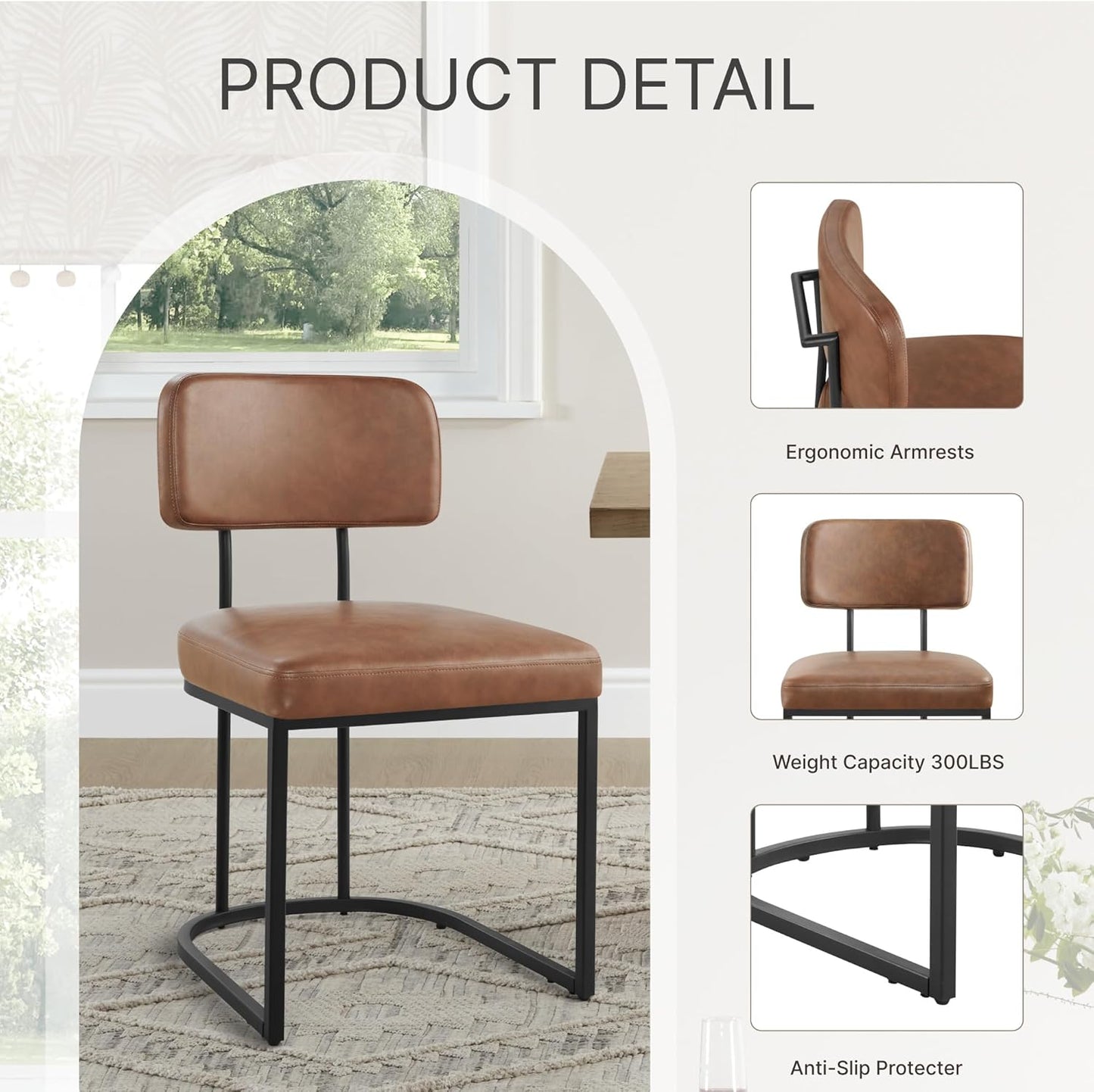 Dining Chairs Set of 4, Upholstered Modern Kitchen Chairs with Ergonomic Backrest, Faux Leather Cushion Seat & Metal Legs for Living Room, Restaurant, and Café, Brown, 2 Boxs