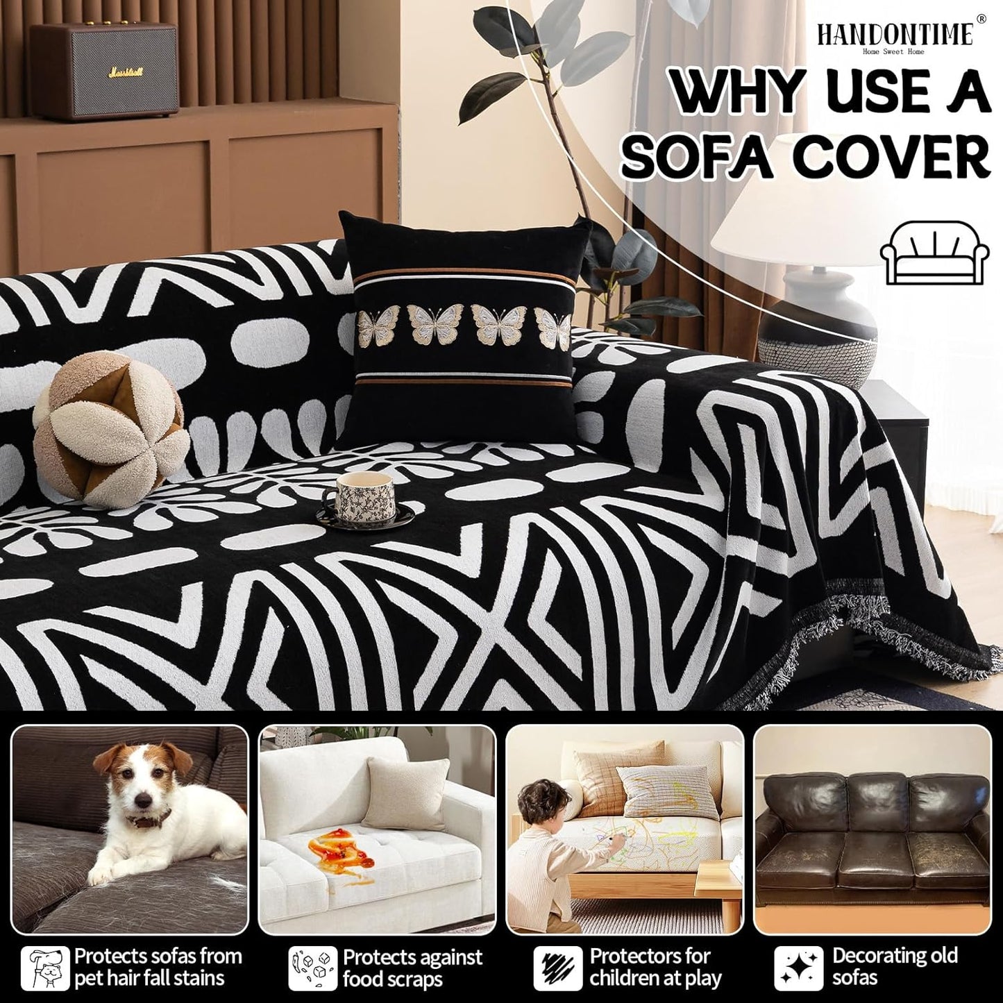 HANDONTIME Boho Couch Cover Blanket Geometric Striped Pet Covers for Couches and Sofas Black and White Dog Cover for Couch Pet Friendly Chenille Sectional Sofa Covers for Pets Washable, 71" X 134"