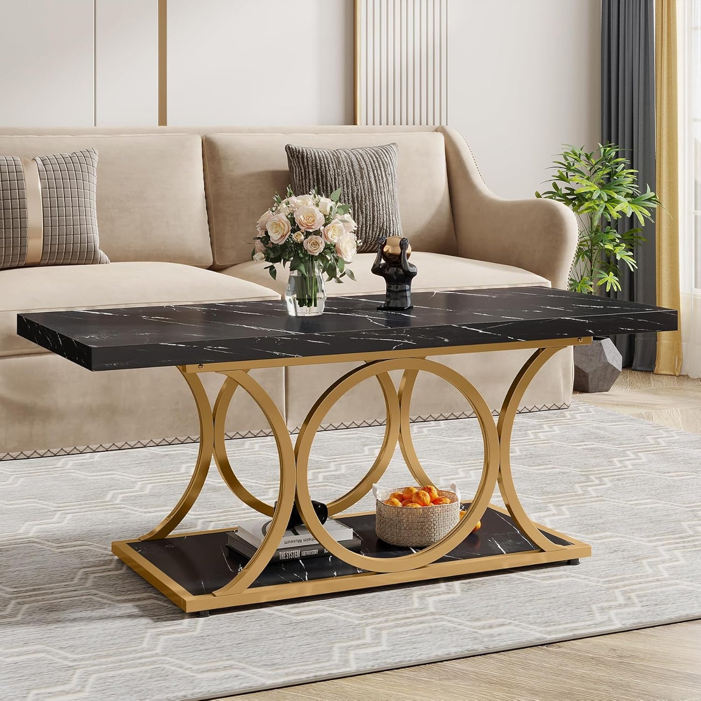 Tribesigns Rectangle Coffee Table, 47.24-inch Modern Coffee Tables for Living Room, 2-Tier Faux Marble Wood Coffee Table with Geometric Metal Legs, Furniture with Storage Shelf (Black & Gold)