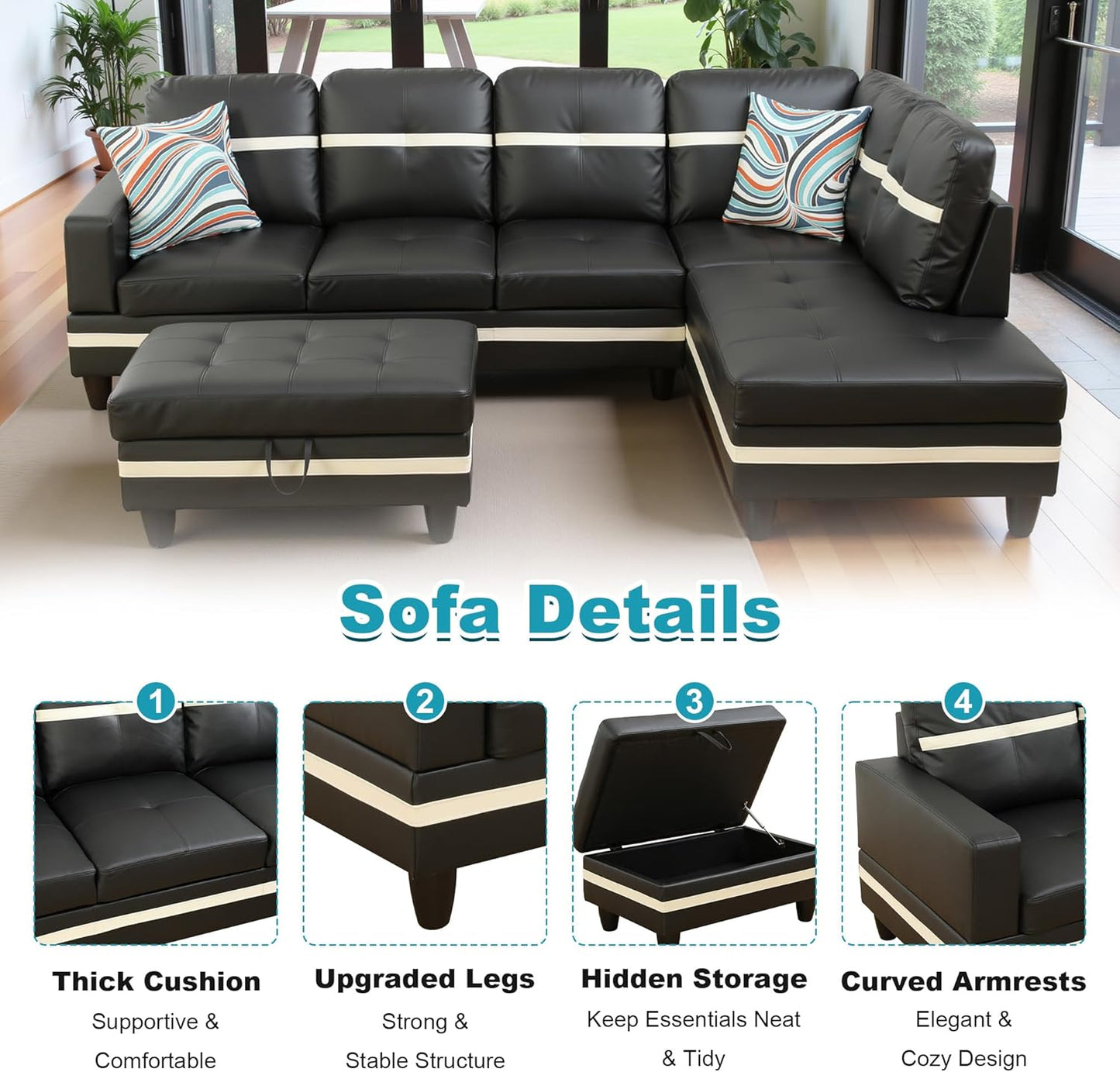 103.5" Oversized Sectional Couch, L Shaped Couch with Storage Ottoman, Modern Modular Sofa with Deep Seat, Sectional Couches for Living Room and Office, Black and White (PU Leather)
