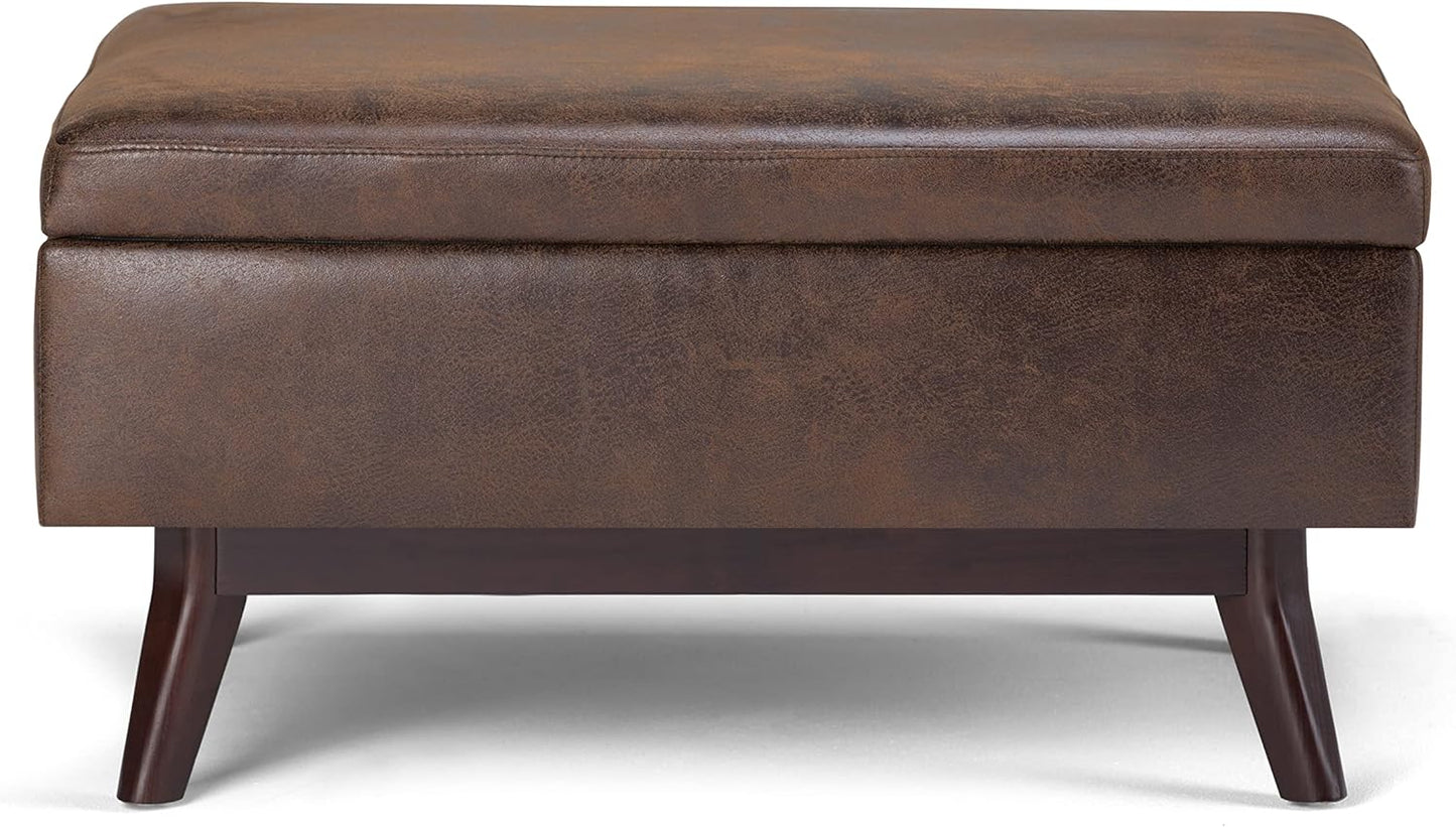 SIMPLIHOME Owen 34 inch Wide Mid Century Modern Rectangle Coffee Table Storage Ottoman in Distressed Chestnut Brown Vegan Faux Leather, Assembled, For the Living Room, Entryway and Family Room