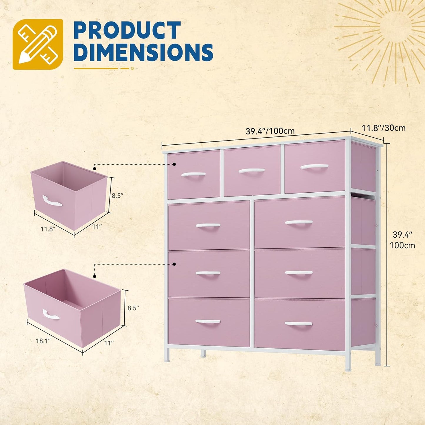 DWVO Dresser with 9 Drawers - Fabric Storage Tower, Organizer Unit for Living Room, Hallway - Sturdy Steel Frame, Wooden Top & Easy Pull Fabric Bins