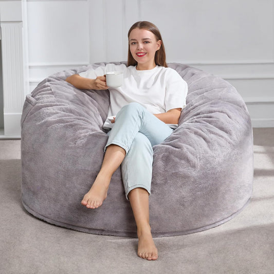 Hobestluk 4ft Bean Bag Chairs for Adults Large Beanbag Chair with Plush Faux Fur Cover Big Bean Bag Chair for Living Room Bedroom Dorm Office - Grey (44” x 44” x 24”)