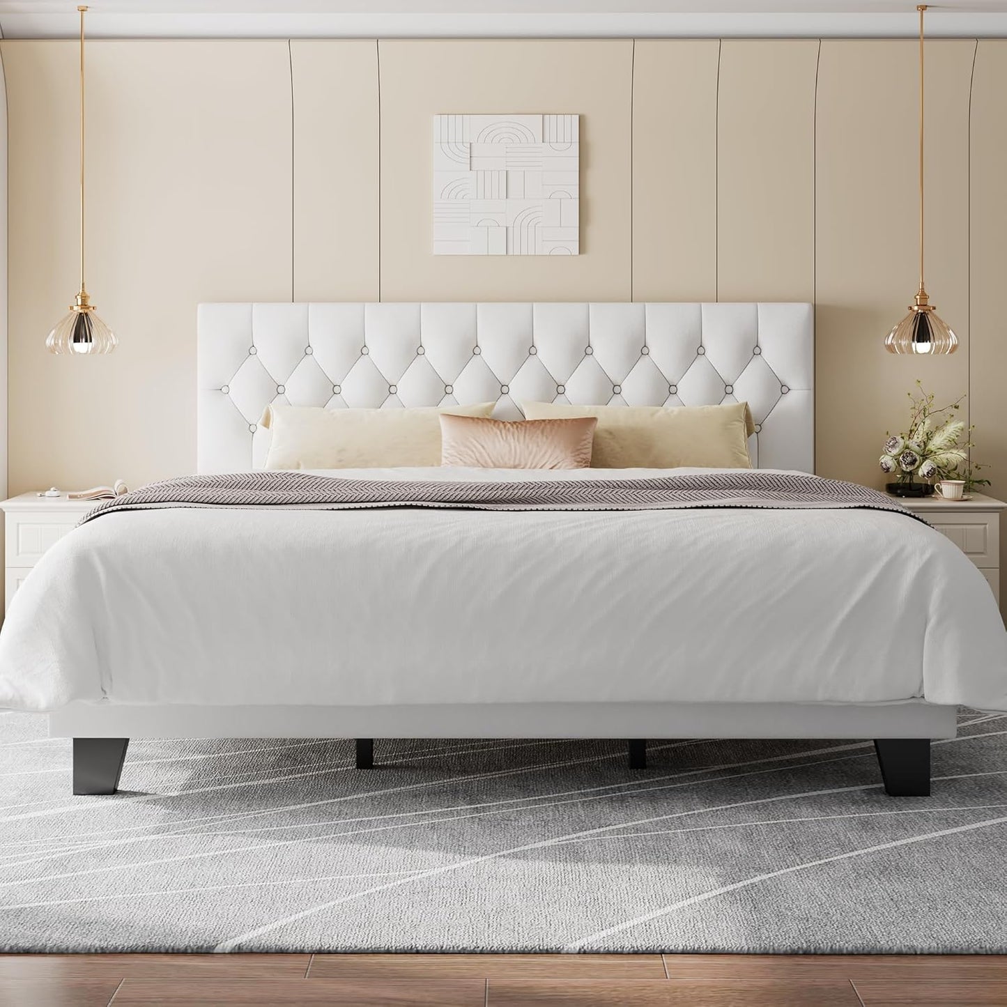 Feonase King Size Velvet Platform Bed Frame, Upholstered Bed with Button Tufted Headboard, Sturdy Wooden Slats & Heavy Duty Feet, No Box Spring Needed, Noise-Free, Easy Assembly, White