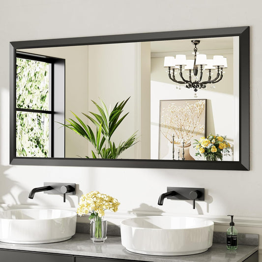 60x28 Inch Black Bathroom Mirror for Wall, Thick Metal Framed Rectangle Mirrors for Over Sink, Bedroom, Living Room, Entryway, Anti-Rust, HD Tempered Glass