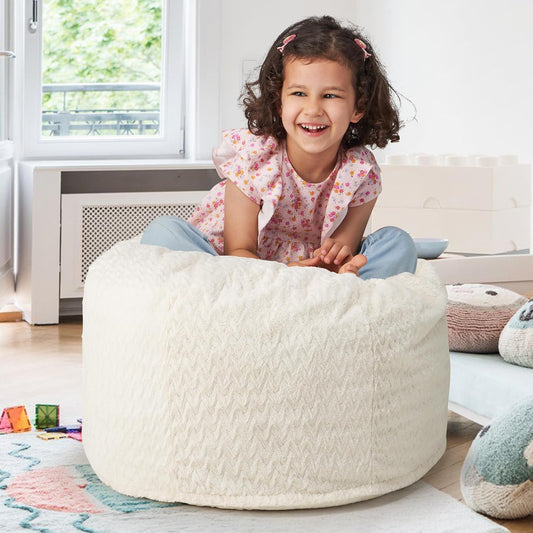 Hobestluk Bean Bag Chairs 2.5FT Bean Bag Chair with Memory Foam Filled & Chevron Plush Fur Cover Small Bean Bag Chairs for Playroom, Living Room, Bedroom (White)